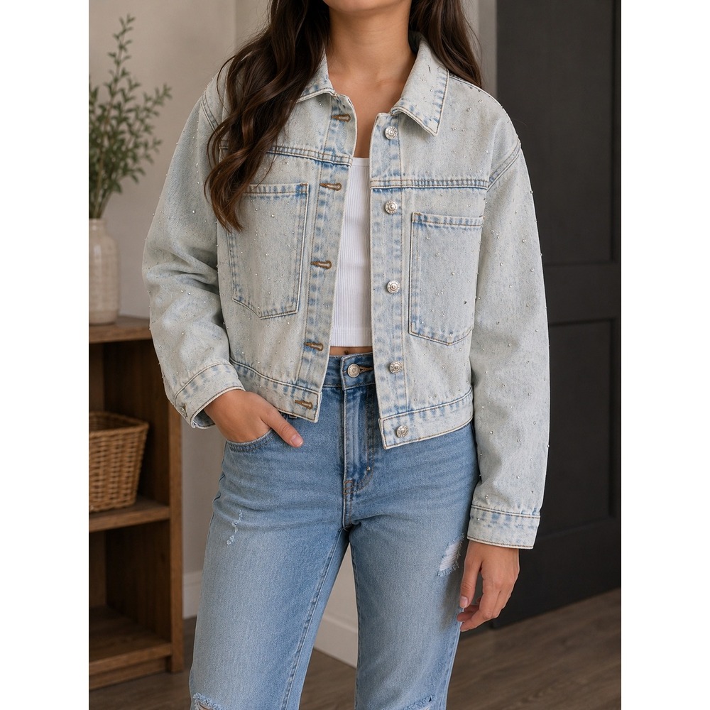 Ashley Vintage Charm Rhinestone Cropped Denim Jacket Light Wash Blue Small